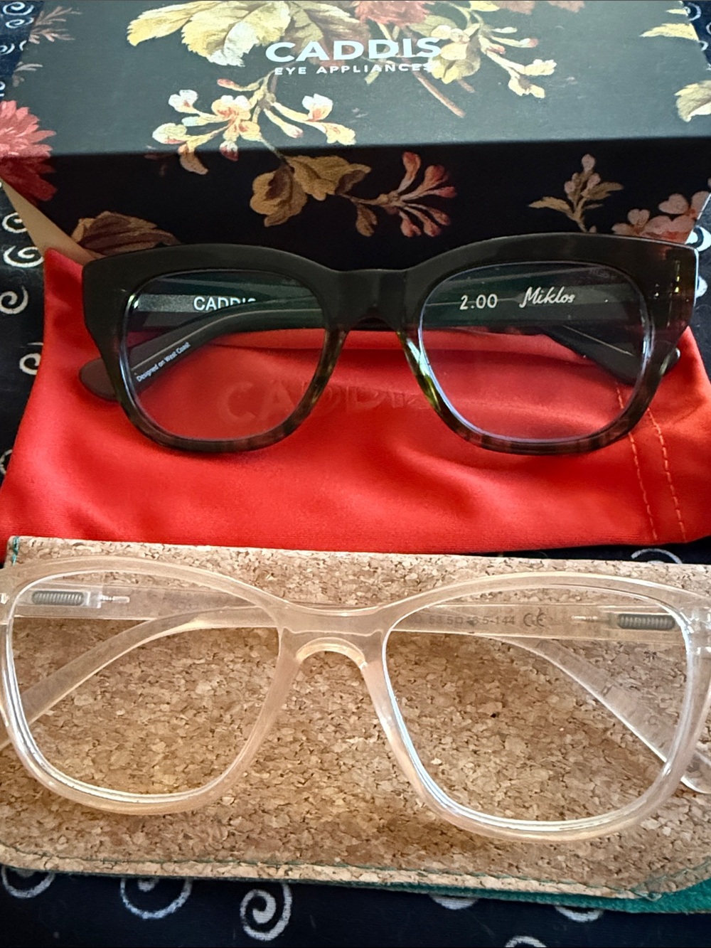 Caddis Miklos 2.0 Blue Light Reading Glasses & 2.0 regular clear pink glasses